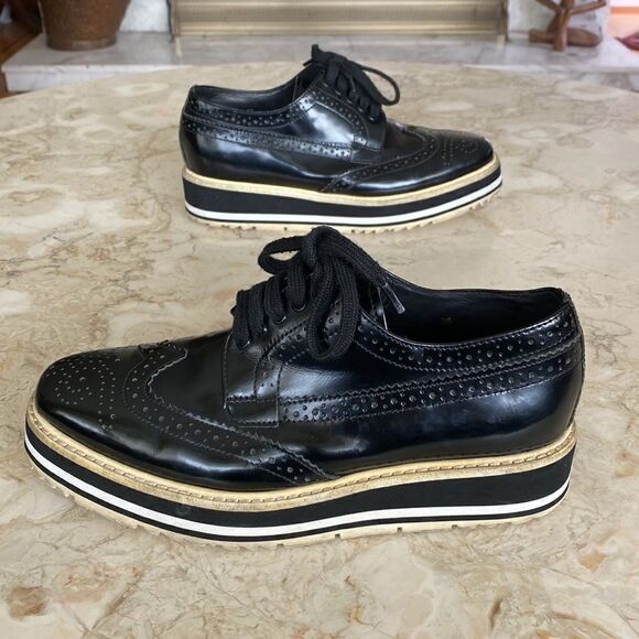 Prada Black Brogue Leather Wingtip Platform Oxford Shoes - Picture 5 of 14